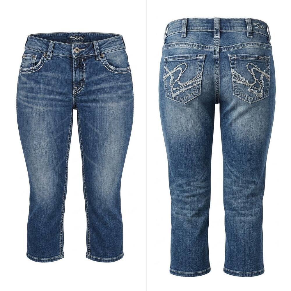 Silver Suki Capri Co Medium Wash Stretch Embroidered Jeans Women Size 32
